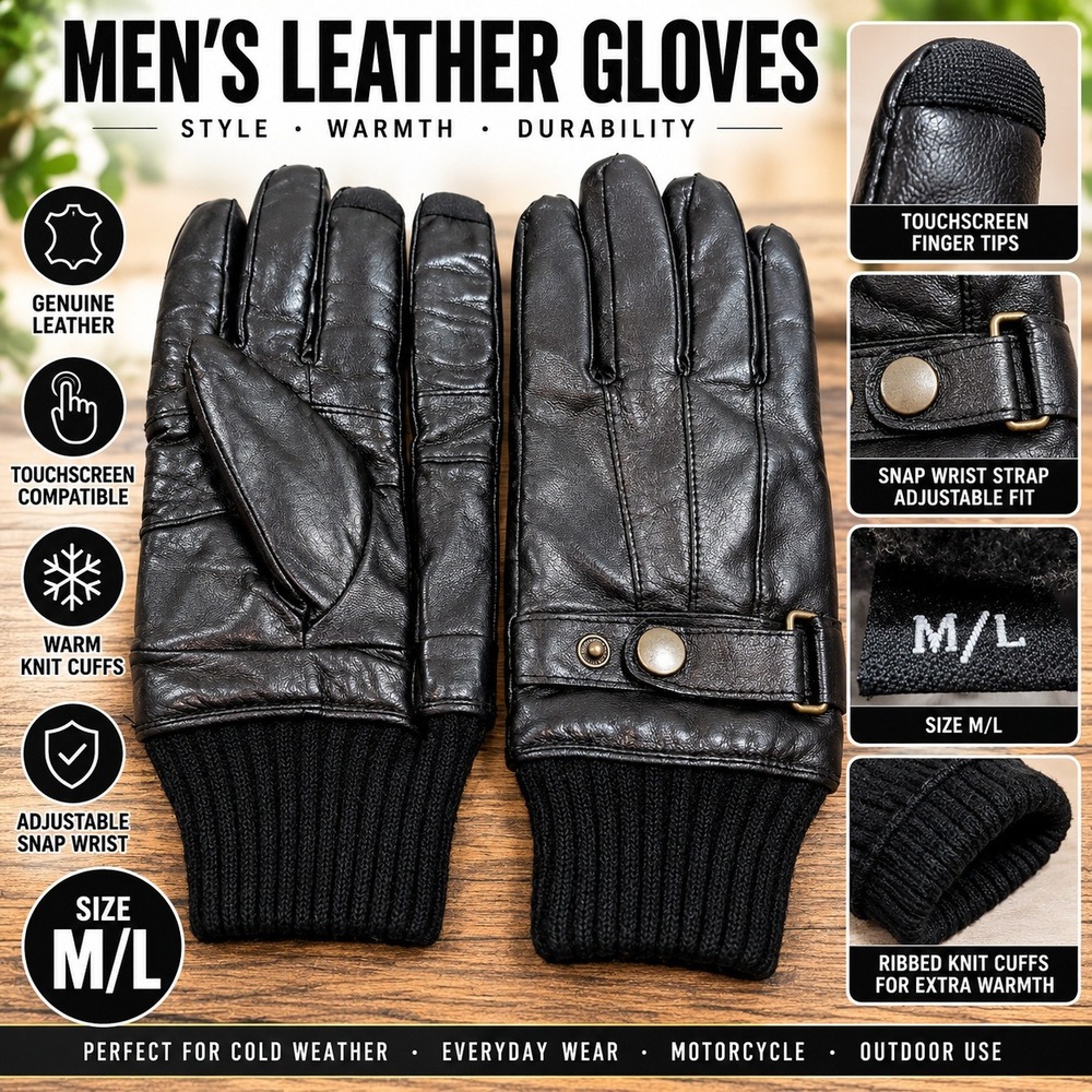 Mens Black Genuine Leather Touchscreen Gloves Ribbed Knit Cuff Size M/L